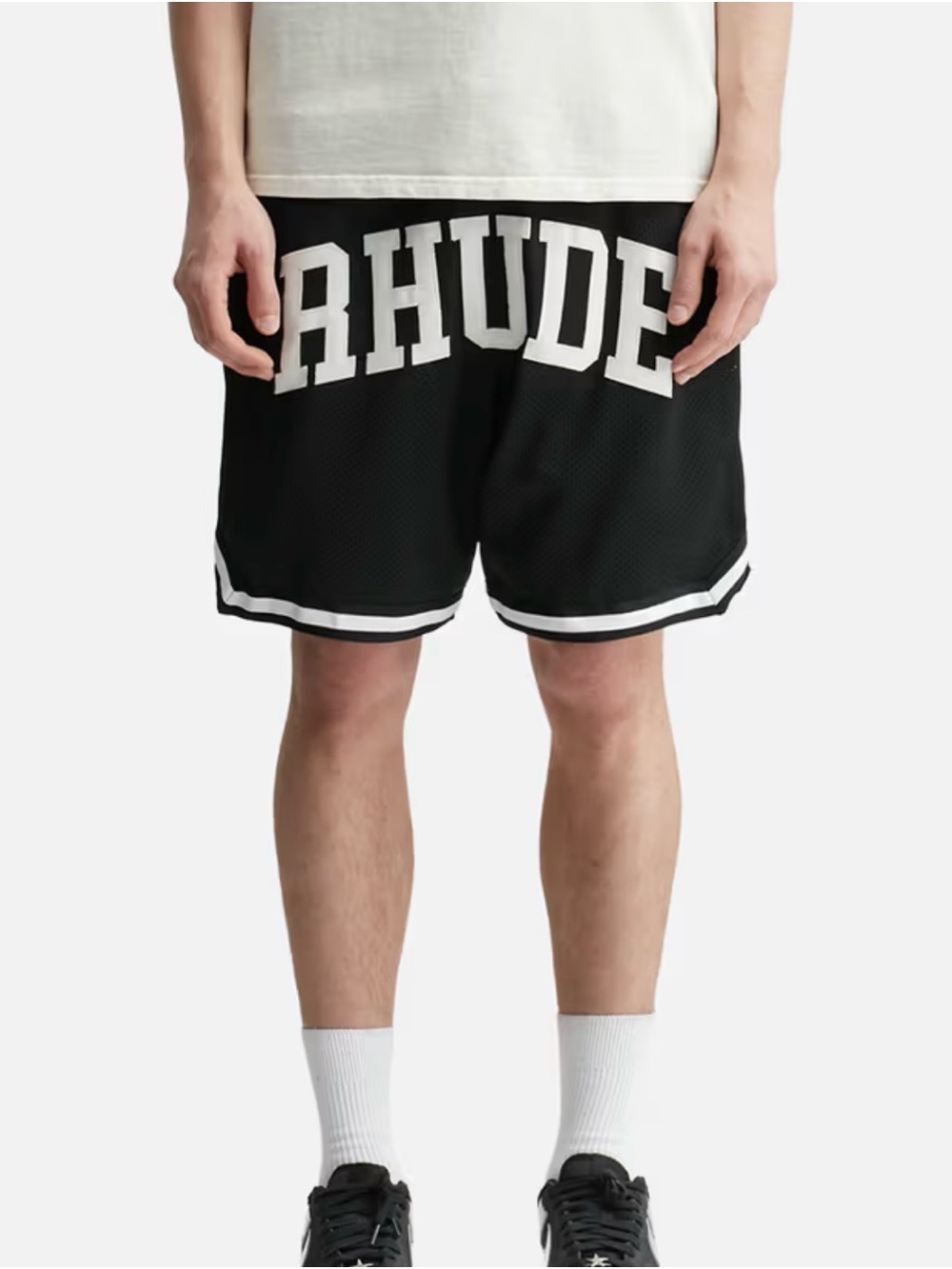 Rhude Black Mesh Athletic Shorts with White Logo